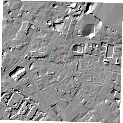 Shaded relief map of the ground around SE13YB, computed from Environment Agency LiDAR. The ground here sits at about 3 m above sea level and falls 10 m across the surrounding 800 m. Surface water reaching this point runs off ground lying to the west, 4.4 m higher.