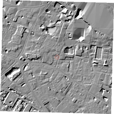 Shaded relief map of the ground around SE13YD, computed from Environment Agency LiDAR. The ground here sits at about 3 m above sea level and falls 10 m across the surrounding 800 m. Surface water reaching this point runs off ground lying to the west-north-west, 1.7 m higher.