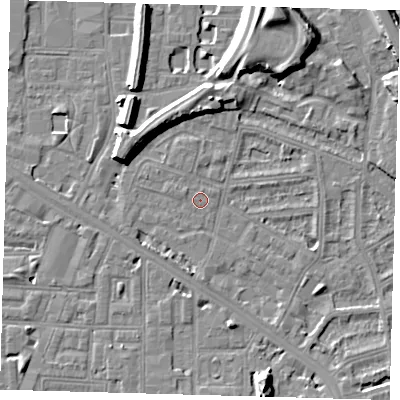 Shaded relief map of the ground around SE145AP, computed from Environment Agency LiDAR. The ground here sits at about 3 m above sea level and falls 13 m across the surrounding 800 m. Surface water reaching this point runs off ground lying to the south, 3.2 m higher.
