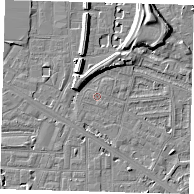 Shaded relief map of the ground around SE145DB, computed from Environment Agency LiDAR. The ground here sits at about 3 m above sea level and falls 13 m across the surrounding 800 m. Surface water reaching this point runs off ground lying to the north-east, 0.5 m higher.