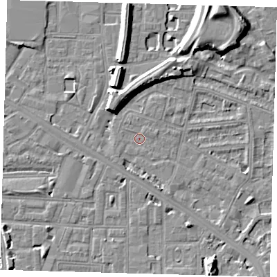 Shaded relief map of the ground around SE145DF, computed from Environment Agency LiDAR. The ground here sits at about 3 m above sea level and falls 13 m across the surrounding 800 m. Surface water reaching this point runs off ground lying to the north, 0.8 m higher.