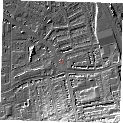 Shaded relief map of the ground around SE145DG, computed from Environment Agency LiDAR. The ground here sits at about 5 m above sea level and falls 29 m across the surrounding 800 m. Surface water reaching this point runs off ground lying to the south-east, 25.3 m higher.