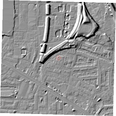Shaded relief map of the ground around SE145DN, computed from Environment Agency LiDAR. The ground here sits at about 3 m above sea level and falls 13 m across the surrounding 800 m. Surface water reaching this point runs off ground lying to the south, 3.2 m higher.