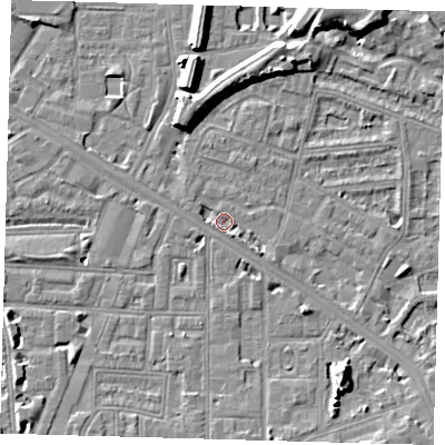 Shaded relief map of the ground around SE145DS, computed from Environment Agency LiDAR. The ground here sits at about 2 m above sea level and falls 10 m across the surrounding 800 m. Surface water reaching this point runs off ground lying to the south-east, 2.6 m higher.