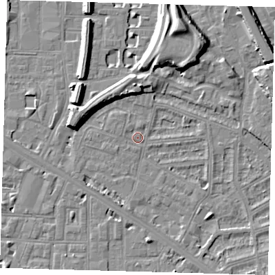 Shaded relief map of the ground around SE145EA, computed from Environment Agency LiDAR. The ground here sits at about 3 m above sea level and falls 13 m across the surrounding 800 m. Surface water reaching this point runs off ground lying to the south-south-west, 3.2 m higher.