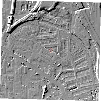 Shaded relief map of the ground around SE145EE, computed from Environment Agency LiDAR. The ground here sits at about 2 m above sea level and falls 10 m across the surrounding 800 m. Surface water reaching this point runs off ground lying to the south-east, 2.7 m higher.