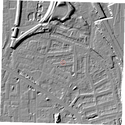 Shaded relief map of the ground around SE145EG, computed from Environment Agency LiDAR. The ground here sits at about 3 m above sea level and falls 13 m across the surrounding 800 m. Surface water reaching this point runs off ground lying to the south-east, 2.7 m higher.