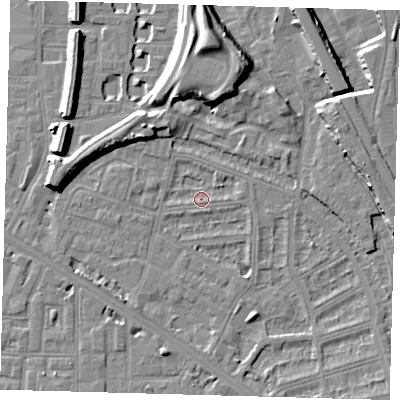 Shaded relief map of the ground around SE145EL, computed from Environment Agency LiDAR. The ground here sits at about 3 m above sea level and falls 13 m across the surrounding 800 m. Surface water reaching this point runs off ground lying to the south-south-east, 2.7 m higher.
