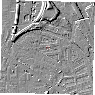 Shaded relief map of the ground around SE145EN, computed from Environment Agency LiDAR. The ground here sits at about 3 m above sea level and falls 13 m across the surrounding 800 m. Surface water reaching this point runs off ground lying to the south-east, 2.7 m higher.