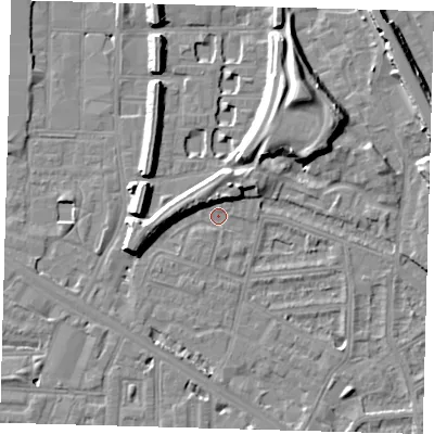 Shaded relief map of the ground around SE145EU, computed from Environment Agency LiDAR. The ground here sits at about 3 m above sea level and falls 13 m across the surrounding 800 m. Surface water reaching this point runs off ground lying to the west, 7.3 m higher.