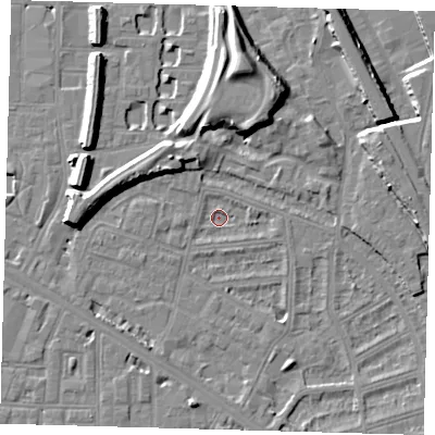 Shaded relief map of the ground around SE145EW, computed from Environment Agency LiDAR. The ground here sits at about 2 m above sea level and falls 13 m across the surrounding 800 m. Surface water reaching this point runs off ground lying to the south-south-west, 3.2 m higher.