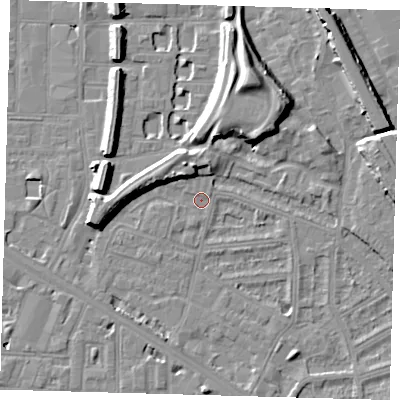 Shaded relief map of the ground around SE145EX, computed from Environment Agency LiDAR. The ground here sits at about 3 m above sea level and falls 13 m across the surrounding 800 m. Surface water reaching this point runs off ground lying to the west, 7.3 m higher.