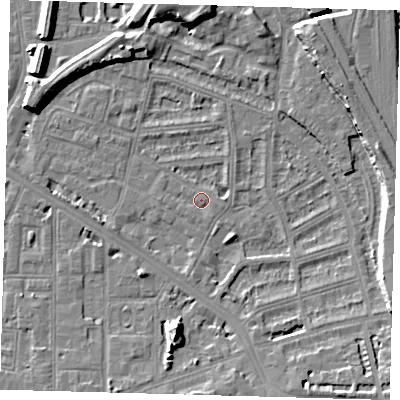 Shaded relief map of the ground around SE145EY, computed from Environment Agency LiDAR. The ground here sits at about 3 m above sea level and falls 10 m across the surrounding 800 m. Surface water reaching this point runs off ground lying to the east, 2.7 m higher.