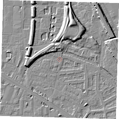 Shaded relief map of the ground around SE145EZ, computed from Environment Agency LiDAR. The ground here sits at about 3 m above sea level and falls 13 m across the surrounding 800 m. Surface water reaching this point runs off ground lying to the west, 7.3 m higher.