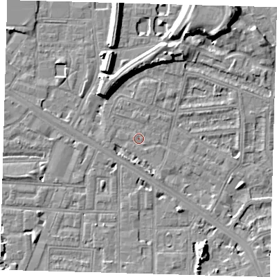 Shaded relief map of the ground around SE145FB, computed from Environment Agency LiDAR. The ground here sits at about 3 m above sea level and falls 10 m across the surrounding 800 m. Surface water reaching this point runs off ground lying to the east-south-east, 2.7 m higher.