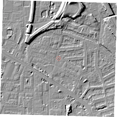 Shaded relief map of the ground around SE145FJ, computed from Environment Agency LiDAR. The ground here sits at about 3 m above sea level and falls 12 m across the surrounding 800 m. Surface water reaching this point runs off ground lying to the south-south-west, 3.2 m higher.