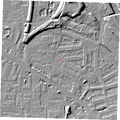Shaded relief map of the ground around SE145FL, computed from Environment Agency LiDAR. The ground here sits at about 3 m above sea level and falls 10 m across the surrounding 800 m. Surface water reaching this point runs off ground lying to the east-south-east, 2.7 m higher.
