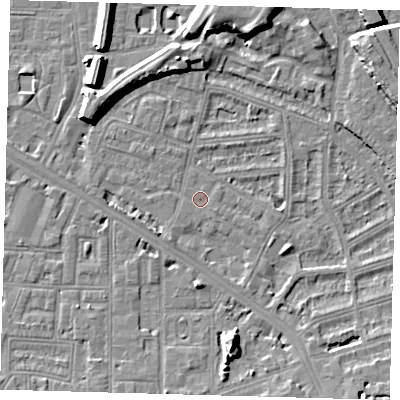 Shaded relief map of the ground around SE145FT, computed from Environment Agency LiDAR. The ground here sits at about 3 m above sea level and falls 10 m across the surrounding 800 m. Surface water reaching this point runs off ground lying to the east, 2.7 m higher.
