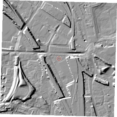 Shaded relief map of the ground around SE145FZ, computed from Environment Agency LiDAR. The ground here sits at about 3 m above sea level and falls 14 m across the surrounding 800 m. Surface water reaching this point runs off ground lying to the east, 7.2 m higher.