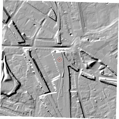 Shaded relief map of the ground around SE145GE, computed from Environment Agency LiDAR. The ground here sits at about 7 m above sea level and falls 14 m across the surrounding 800 m. The ground contributing surface water to this point lies to the south-south-west.