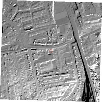 Shaded relief map of the ground around SE145PJ, computed from Environment Agency LiDAR. The ground here sits at about 9 m above sea level and falls 38 m across the surrounding 800 m. Surface water reaching this point runs off ground lying to the south-south-east, 33.2 m higher.