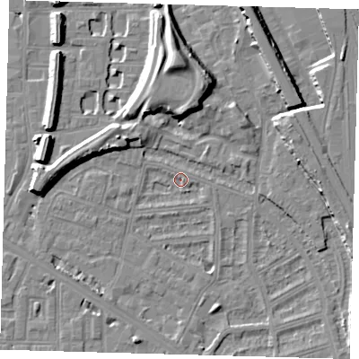 Shaded relief map of the ground around SE145RD, computed from Environment Agency LiDAR. The ground here sits at about 3 m above sea level and falls 13 m across the surrounding 800 m. Surface water reaching this point runs off ground lying to the north, 12.5 m higher.