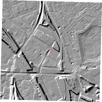 Shaded relief map of the ground around SE145RL, computed from Environment Agency LiDAR. The ground here sits at about 2 m above sea level and falls 15 m across the surrounding 800 m. Surface water reaching this point runs off ground lying to the south-south-east, 4.9 m higher.