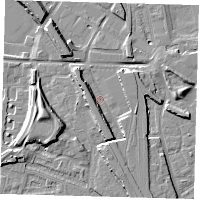 Shaded relief map of the ground around SE145RW, computed from Environment Agency LiDAR. The ground here sits at about 3 m above sea level and falls 14 m across the surrounding 800 m. Surface water reaching this point runs off ground lying to the west, 6.5 m higher.