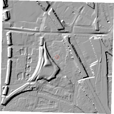 Shaded relief map of the ground around SE145RX, computed from Environment Agency LiDAR. The ground here sits at about 3 m above sea level and falls 14 m across the surrounding 800 m. Surface water reaching this point runs off ground lying to the south-west, 11.0 m higher.