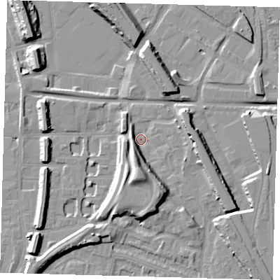 Shaded relief map of the ground around SE145RY, computed from Environment Agency LiDAR. The ground here sits at about 2 m above sea level and falls 13 m across the surrounding 800 m. Surface water reaching this point runs off ground lying to the south, 11.5 m higher.