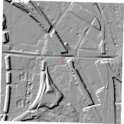 Shaded relief map of the ground around SE145ST, computed from Environment Agency LiDAR. The ground here sits at about 3 m above sea level and falls 14 m across the surrounding 800 m. Surface water reaching this point runs off ground lying to the east-south-east, 8.5 m higher.