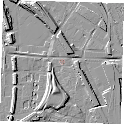 Shaded relief map of the ground around SE145SU, computed from Environment Agency LiDAR. The ground here sits at about 3 m above sea level and falls 15 m across the surrounding 800 m. The ground contributing surface water to this point lies to the south.