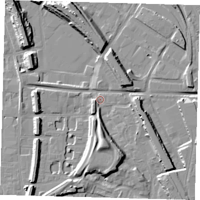 Shaded relief map of the ground around SE145SX, computed from Environment Agency LiDAR. The ground here sits at about 3 m above sea level and falls 13 m across the surrounding 800 m. Surface water reaching this point runs off ground lying to the south, 11.5 m higher.