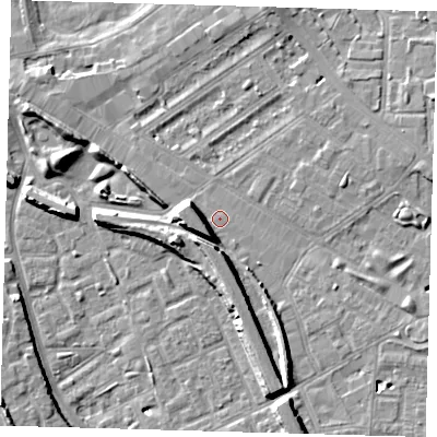 Shaded relief map of the ground around SE146BF, computed from Environment Agency LiDAR. The ground here sits at about 4 m above sea level and falls 10 m across the surrounding 800 m. Surface water reaching this point runs off ground lying to the south-west, 6.2 m higher.