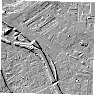 Shaded relief map of the ground around SE146BG, computed from Environment Agency LiDAR. The ground here sits at about 4 m above sea level and falls 10 m across the surrounding 800 m. Surface water reaching this point runs off ground lying to the west-north-west, 6.2 m higher.