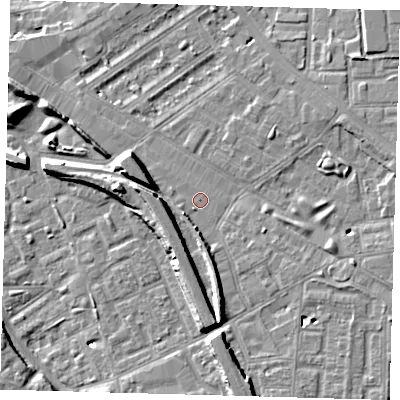 Shaded relief map of the ground around SE146BH, computed from Environment Agency LiDAR. The ground here sits at about 4 m above sea level and falls 9 m across the surrounding 800 m. Surface water reaching this point runs off ground lying to the west-north-west, 6.2 m higher.