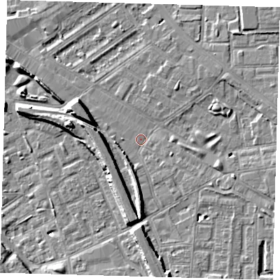 Shaded relief map of the ground around SE146BN, computed from Environment Agency LiDAR. The ground here sits at about 4 m above sea level and falls 9 m across the surrounding 800 m. Surface water reaching this point runs off ground lying to the south, 4.9 m higher.