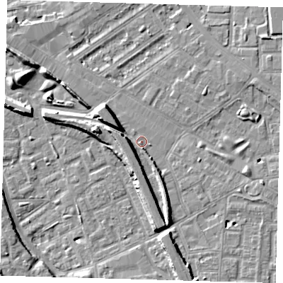 Shaded relief map of the ground around SE146BT, computed from Environment Agency LiDAR. The ground here sits at about 4 m above sea level and falls 9 m across the surrounding 800 m. Surface water reaching this point runs off ground lying to the west, 5.9 m higher.