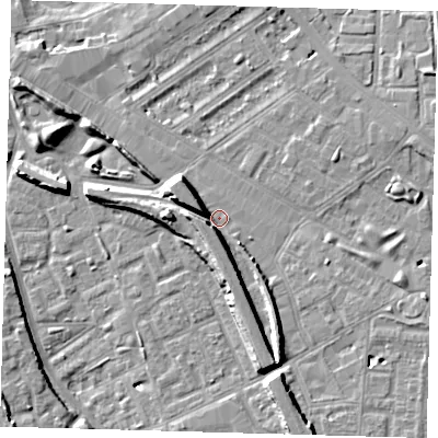 Shaded relief map of the ground around SE146BU, computed from Environment Agency LiDAR. The ground here sits at about 4 m above sea level and falls 10 m across the surrounding 800 m. Surface water reaching this point runs off ground lying to the north-west, 6.2 m higher.