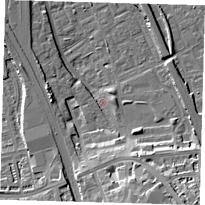 Shaded relief map of the ground around SE146DQ, computed from Environment Agency LiDAR. The ground here sits at about 3 m above sea level and falls 21 m across the surrounding 800 m. Surface water reaching this point runs off ground lying to the south-south-east, 10.4 m higher.