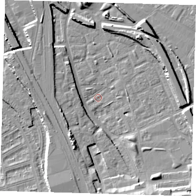 Shaded relief map of the ground around SE146ES, computed from Environment Agency LiDAR. The ground here sits at about 2 m above sea level and falls 12 m across the surrounding 800 m. Surface water reaching this point runs off ground lying to the south-east, 11.6 m higher.