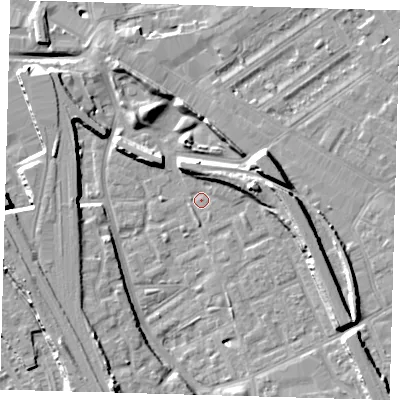 Shaded relief map of the ground around SE146EY, computed from Environment Agency LiDAR. The ground here sits at about 3 m above sea level and falls 11 m across the surrounding 800 m. Surface water reaching this point runs off ground lying to the east, 6.9 m higher.