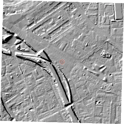 Shaded relief map of the ground around SE146FA, computed from Environment Agency LiDAR. The ground here sits at about 4 m above sea level and falls 10 m across the surrounding 800 m. Surface water reaching this point runs off ground lying to the west-north-west, 6.3 m higher.