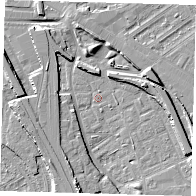 Shaded relief map of the ground around SE146HE, computed from Environment Agency LiDAR. The ground here sits at about 3 m above sea level and falls 11 m across the surrounding 800 m. Surface water reaching this point runs off ground lying to the south-south-west, 10.7 m higher.