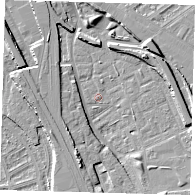 Shaded relief map of the ground around SE146HG, computed from Environment Agency LiDAR. The ground here sits at about 3 m above sea level and falls 11 m across the surrounding 800 m. Surface water reaching this point runs off ground lying to the south-south-west, 10.7 m higher.
