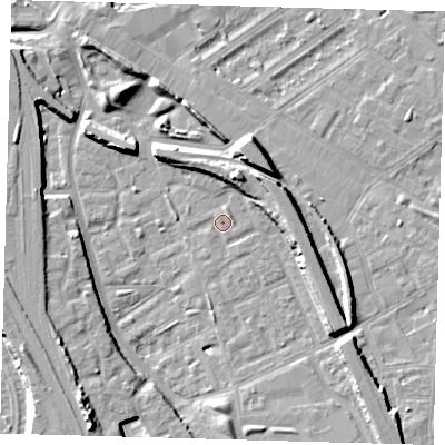 Shaded relief map of the ground around SE146HT, computed from Environment Agency LiDAR. The ground here sits at about 3 m above sea level and falls 11 m across the surrounding 800 m. Surface water reaching this point runs off ground lying to the east, 6.4 m higher.