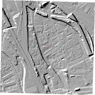 Shaded relief map of the ground around SE146JB, computed from Environment Agency LiDAR. The ground here sits at about 2 m above sea level and falls 11 m across the surrounding 800 m. Surface water reaching this point runs off ground lying to the south-south-west, 10.7 m higher.