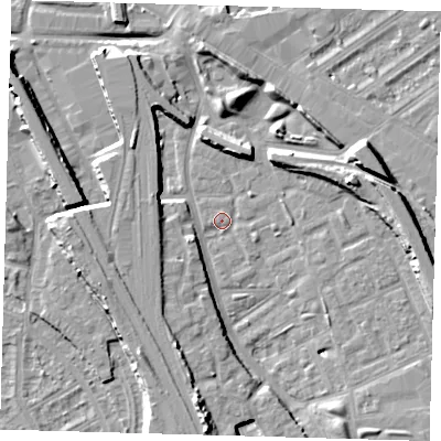 Shaded relief map of the ground around SE146JD, computed from Environment Agency LiDAR. The ground here sits at about 3 m above sea level and falls 11 m across the surrounding 800 m. Surface water reaching this point runs off ground lying to the south, 10.7 m higher.