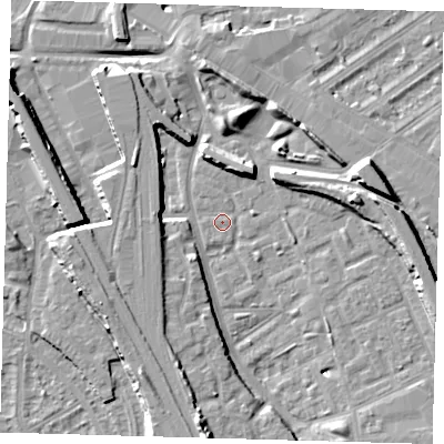 Shaded relief map of the ground around SE146JE, computed from Environment Agency LiDAR. The ground here sits at about 3 m above sea level and falls 12 m across the surrounding 800 m. Surface water reaching this point runs off ground lying to the south, 9.3 m higher.