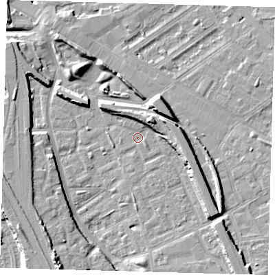 Shaded relief map of the ground around SE146JR, computed from Environment Agency LiDAR. The ground here sits at about 3 m above sea level and falls 12 m across the surrounding 800 m. Surface water reaching this point runs off ground lying to the east, 6.4 m higher.